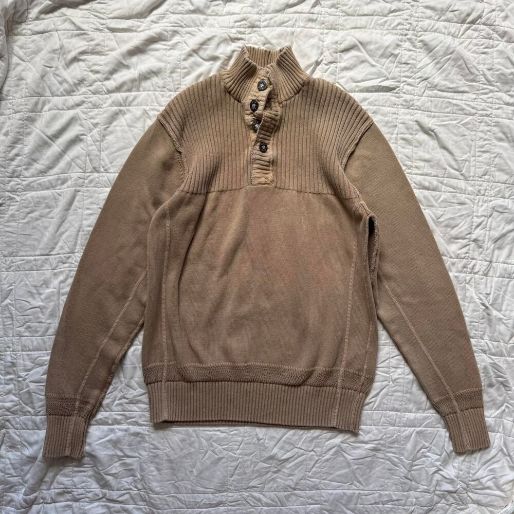 BKE ribbed mock neck knit sweater mens L 1/4 button pullover cotton fisherman